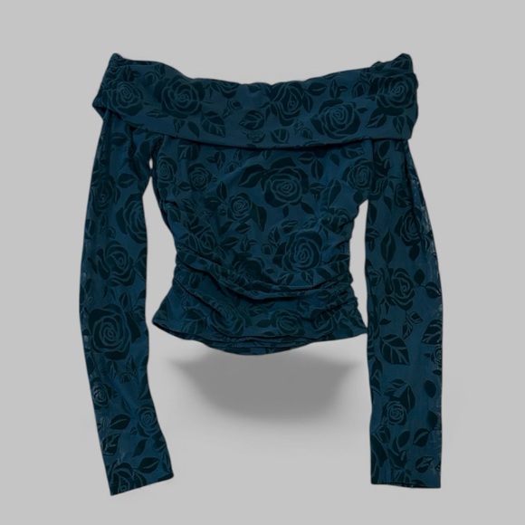 Wild Fable Deep Blue/Green Off-The-Shoulder Long-Sleeve Floral Fairy Top - Picture 1 of 5